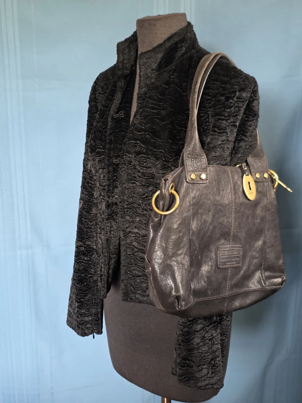 Fossil Long Live Vintage Black Pewter Metallic Leather Cargo Satchel Bag Y2K